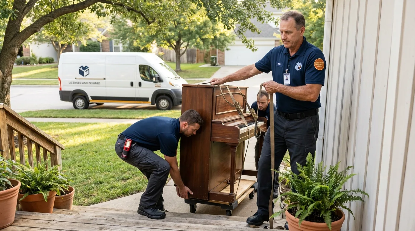 Licensed piano movers securing grand piano in Mount Rainier, MD