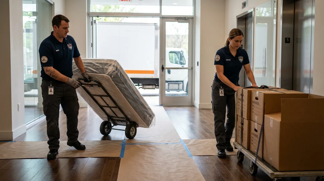 Professional apartment movers loading elevator in Mount Rainier, MD